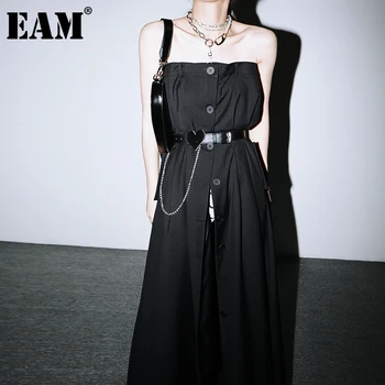[EAM] Moterys Juodas Mygtukas Temperamentas Ilgo Stebėjimo Nauja Suknelė be Rankovių Palaidi Tinka Mados Banga Pavasario Rudens 2021 1DB618