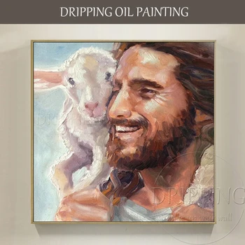 Puikus Menininko Ranka-dažytos Aukštos Kokybės Jėzus ir Avių Naftos Tapyba ant Drobės Avys ir Dievo Jėzaus Portretas Naftos Tapyba