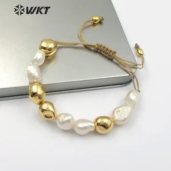 WT-B454 Natūralių gėlavandenių Perlų Apyrankė Baltas Perlas Su Aukso Artimųjų Vieną Rankų darbo Karoliukai, Apyrankės Skanėstas Perlų Papuošalai