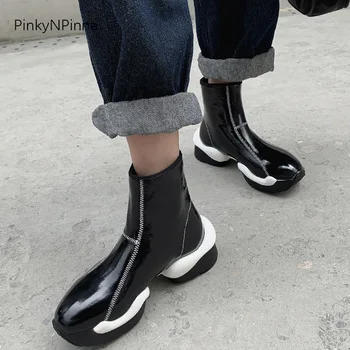 Futuristinis dizaineris moterų plisuotos karvės odos lakinės odos lauko storio apačioje sportbačiai snowboots juoda balta plius dydžio batai