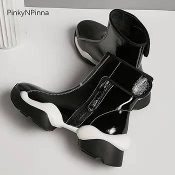 Futuristinis dizaineris moterų plisuotos karvės odos lakinės odos lauko storio apačioje sportbačiai snowboots juoda balta plius dydžio batai