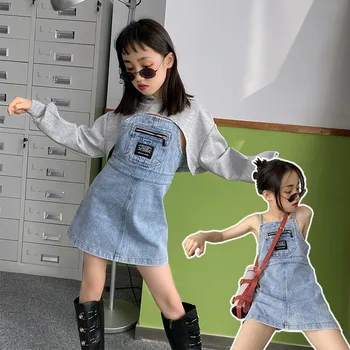 Naujas vientisos spalvos 2021 merginos diržas džinsinio audinio suknelė, madinga berniukas krovimas palaidinukės ir megztinio dviejų dalių komplektas