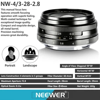 Neewer 28mm f/2.8 Rankinis Fokusavimas Premjero Fiksuotas Objektyvas OLMPUS/PANASONIC APS-C Skaitmeniniai Fotoaparatai, Kaip E-M1/M5/M10/E-P5E-PL3/PL5/PL6/PL7
