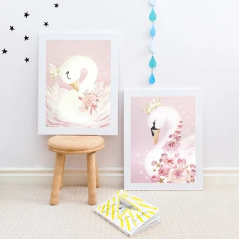 Šiaurės Stiliaus Tapybos Drobės Pinky Swan Princess Plakatai ir Nuotraukos Sienos Meno Spaudinius Dekoratyvinis už Darželio Vaikai Mergina Kambarys