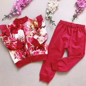 2019 Mados Baby Girl Gėlių Drabužių nustatyti Plaukioja Pynimas rankovės užtrauktukas kailis Viršuje Kelnės Rudenį ilgomis rankovėmis šilta Apranga, 3 spalvų