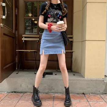 Streetwear Didelis Juosmens Padalinta Demin Sijonas Korėjos Stiliaus Vasaros Blue Mini Jean Sijonai Moterų Jupe Falda Mados 2020 M.