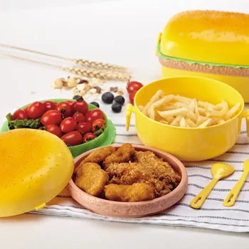 Kūrybiškumo Plastikiniai Vaikų Hamburger Bento Pietūs Lauke Maisto Konteinerių Sandėliavimo su Šakutės Izoliacija Pietūs Bento Box Bakas