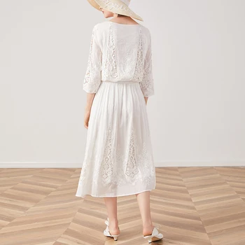 TEELYNN medvilnės, šilko, nėrinių suknelė baltos spalvos gėlių Siuvinėjimas šalis suknelės 2019 m. derliaus midi Rudens suknelės prekės ilgas moterų suknelės