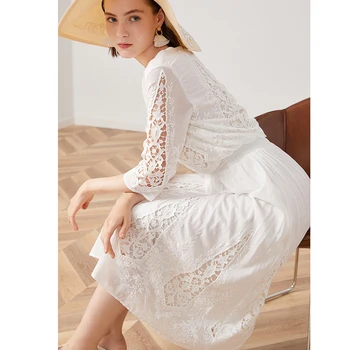TEELYNN medvilnės, šilko, nėrinių suknelė baltos spalvos gėlių Siuvinėjimas šalis suknelės 2019 m. derliaus midi Rudens suknelės prekės ilgas moterų suknelės