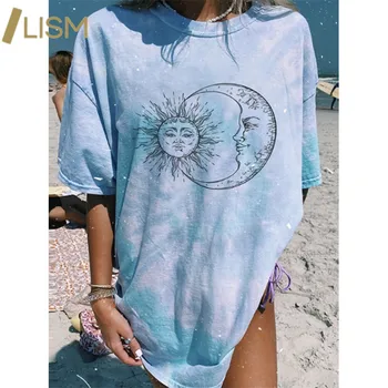 Laiško Spausdinimo Harajuku Grafinis T Marškinėliai Vasaros Kaklaraištis Dažų Y2k T-shirt Rožinė Mėlyna Moterų Sun Moon Modelis trumpomis Rankovėmis Tee Marškinėliai