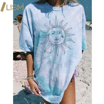 Laiško Spausdinimo Harajuku Grafinis T Marškinėliai Vasaros Kaklaraištis Dažų Y2k T-shirt Rožinė Mėlyna Moterų Sun Moon Modelis trumpomis Rankovėmis Tee Marškinėliai