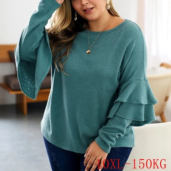 Didelis dydis moterų megztinis 6XL 7XL 8XL 9XL10XL krūtinė 168CM moterų didelio dydžio megztinis vientisų spalvų apvalios kaklo susiėmę ilgomis rankovėmis