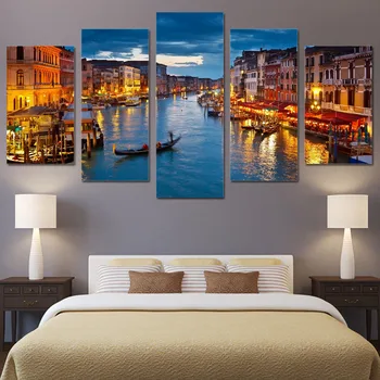 Plakatas Drobės Tapybos HD Sienos Menas Nuotraukas, 5 Gabalas Venecija Miesto Vandens Valtis Šviesos Kraštovaizdžio Modernios Spausdinimo Tipas Modulinės Dekoras