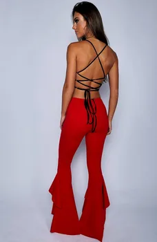 Hipių Moterys Entuziastingai Raudona Raukiniai Slim Flare Kelnės Elastinga Apačioje 2018 M. Vasaros Mados Naujų Pločio Kojų Kelnių Elegantiškas Drabužiai