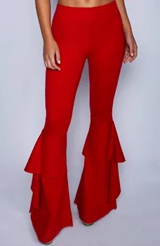 Hipių Moterys Entuziastingai Raudona Raukiniai Slim Flare Kelnės Elastinga Apačioje 2018 M. Vasaros Mados Naujų Pločio Kojų Kelnių Elegantiškas Drabužiai