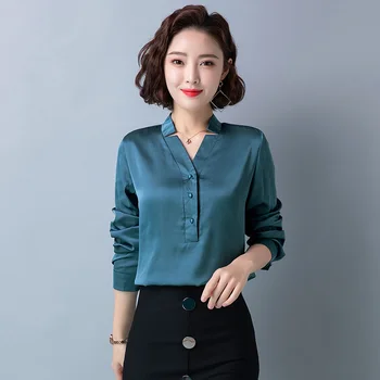 Korėjos Mados Šilko Moterims Palaidinės Satino Office Lady Marškinėliai ir Palaidinės Prarasti ilgomis Rankovėmis Blusas Largas Plius Dydis Moterų Topai