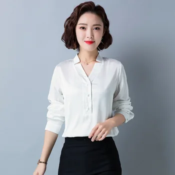 Korėjos Mados Šilko Moterims Palaidinės Satino Office Lady Marškinėliai ir Palaidinės Prarasti ilgomis Rankovėmis Blusas Largas Plius Dydis Moterų Topai