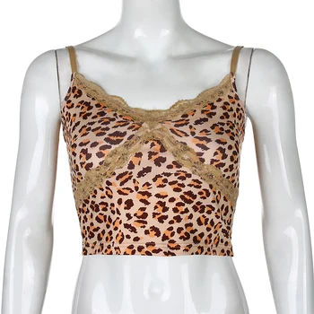 SUCHCUTE kratinys moterų marškinėliai Leopard nėrinių Spagečiai Dirželiai seksualus viršūnės vasarą 2020 m. derliaus gotikos tee ruožas moterų drabužiai