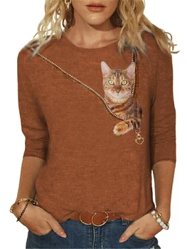 Mados Animaciją Kačių Gėlių Spausdinti Atsitiktinis marškinėliai Moterims Topai Plonas O-Kaklo, ilgomis Rankovėmis Tees Pavasarį, Rudenį Plonas Harajuku Tshirts 5XL