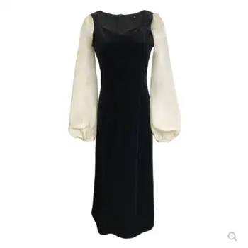 Elegantiškas prancūzų stilius Slim Aksomo Suknelę siūlėmis moterų v-kaklo sluoksniuotos rankovėmis Mados Lady Šalis suknelė