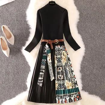 Elegantiškas Megztas Kratinys Plisuotos Midi Suknelė 2020 M. Rudens-Žiemos Mados Moterų ilgomis Rankovėmis Etninės Retro Spausdinti Plisuotos Suknelė 40i
