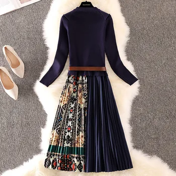Elegantiškas Megztas Kratinys Plisuotos Midi Suknelė 2020 M. Rudens-Žiemos Mados Moterų ilgomis Rankovėmis Etninės Retro Spausdinti Plisuotos Suknelė 40i