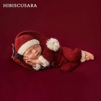 Naujas Atvykimo Kūdikis, Kalėdų Drabužių Santa Komplektus Moheros Megzti Kūdikių Fotografijos, Kostiumai Hat + Romper 2vnt Nustatyti Rekvizitai Nuotrauka
