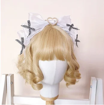 Anime cosplay saldus lolita priedai mielas nėrinių bowknot triušio ausis juoda balta grotelės kawaii girl lolita galvos apdangalai/neckband/KC