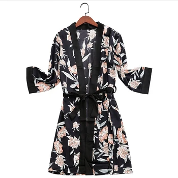 Moterų Apdaras Rudenį Seksualus Chalatas Kimono Spausdinti Gėlių Sleepwear Dirbtiniais Šilko Pižamą V Kaklo Vestuvių Padažu Plius Dydis Peignoir