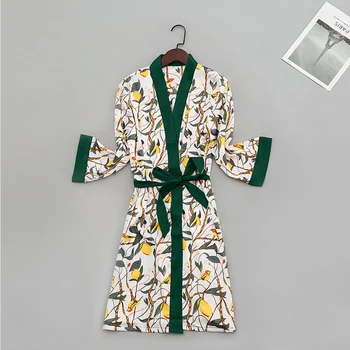 Moterų Apdaras Rudenį Seksualus Chalatas Kimono Spausdinti Gėlių Sleepwear Dirbtiniais Šilko Pižamą V Kaklo Vestuvių Padažu Plius Dydis Peignoir