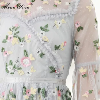 MoaaYina Mados Dizaineris suknelė Vasaros Moterų Suknelė ilgomis Rankovėmis Akių Gėlės Blizgančiais Plonas Elegantiškas Suknelės