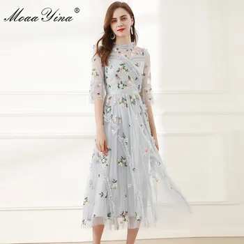 MoaaYina Mados Dizaineris suknelė Vasaros Moterų Suknelė ilgomis Rankovėmis Akių Gėlės Blizgančiais Plonas Elegantiškas Suknelės