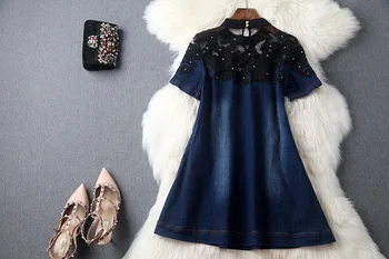 2021 Pavasario mados Europos trumpas rankovėmis moteriška džinsinio audinio suknelė plonos medvilnės slim gryna spalva tamsiai mėlyna moterų suknelė 178B