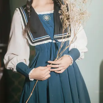 QWEEK prancūzijos Vintage Suknelė Moterims Rūmuose Princesė Elegantiškas Mielas ilgomis Rankovėmis Midi Suknelė Saldus Japonų Stiliaus Plisuotos Moteris Drabužiai