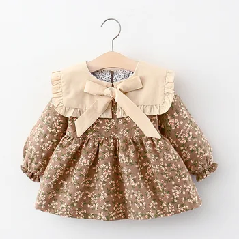 0-3Y Rudenį Kūdikių Mergaičių Suknelė Gėlių Spausdinti Bowknot ilgomis Rankovėmis-Line Mini Princesė Suknelė