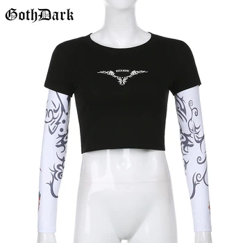 Goth Tamsiai Grafinis Letter Spausdinimo Gotikos T-shirts Punk Juoda Kratinys ilgomis Rankovėmis Pasėlių Tees Moterų Slim Rudenį Streetwear 2020 m.