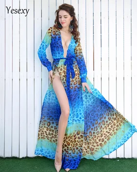 Yesexy 2021 Seksualus V-kaklo, ilgomis Rankovėmis padalinta spausdinimo suknelė, paplūdimio suknelė VR2294-2