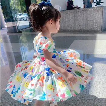 Mergaičių suknelė 2020 metų vasaros Medvilnės Mielas Gėlių Trumpas Sluoksniuotos Rankovėmis Įgulos Kaklo Kelio Ilgis Princesė Suknelė