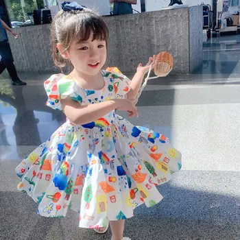 Mergaičių suknelė 2020 metų vasaros Medvilnės Mielas Gėlių Trumpas Sluoksniuotos Rankovėmis Įgulos Kaklo Kelio Ilgis Princesė Suknelė