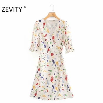 Zevity Naujas Moterų prancūzų stiliaus kryžiaus v kaklo grafiti spausdinti mini suknelė Ponios puff rankovėmis vestidos atsitiktinis Chic slim Suknelės DS4237