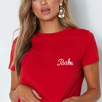 Moterų Marškinėliai BABE Red Pocket Raidžių Spausdinti Marškiniai O-Kaklo Viršų Tee Juoda Balta Medvilnės Atsitiktinis Vasaros Moterų Tshirts Viršūnes Tees