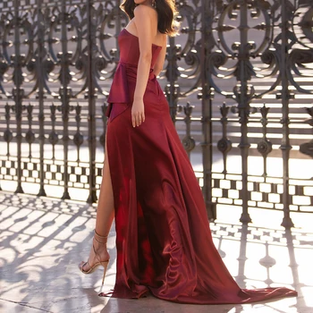 Stebėjimo Ilgos Satino Suknelė Padalinta Kojos Rankovių Linija, Vyno Raudona Bordo Maxi Suknelė