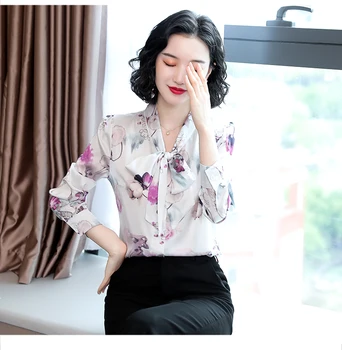 Korėjos Mados Šilko Moterų Satin Palaidinės Ilgomis Rankovėmis Gėlių Marškinėliai Moterims Office Lady Blusas Largas Plius Dydis Rudenį, Moterų Topai
