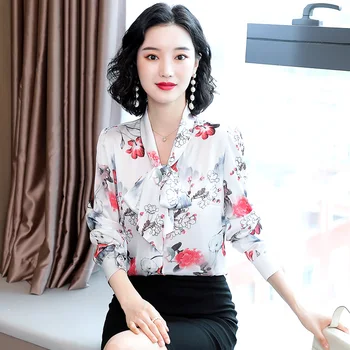 Korėjos Mados Šilko Moterų Satin Palaidinės Ilgomis Rankovėmis Gėlių Marškinėliai Moterims Office Lady Blusas Largas Plius Dydis Rudenį, Moterų Topai