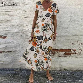 Plus Size ZANZEA Moterys Vasarą trumpomis Rankovėmis Sundress Atsitiktinis V-Kaklo Bohemijos Gėlių Spausdinti Suknelė, Paplūdimio Vestido Kaftan Femme Skraiste