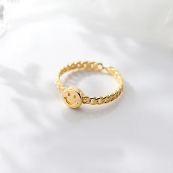 Ginin 925 Sterlingas Sidabro Žiedas Moterų Japonijos Retro Stiliaus Aukso Grandinės Tuščiaviduriai Įdomus Smiley Veido Rodomojo Piršto Žiedą Studentų Papuošalai