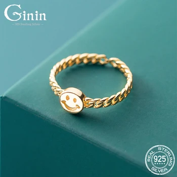 Ginin 925 Sterlingas Sidabro Žiedas Moterų Japonijos Retro Stiliaus Aukso Grandinės Tuščiaviduriai Įdomus Smiley Veido Rodomojo Piršto Žiedą Studentų Papuošalai