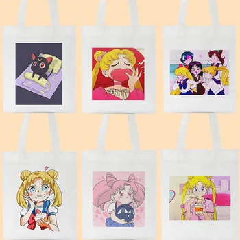 Japonijos Sailor Moon Kawaii Spausdinti Krepšys Kolegija Stiliaus Peties Drobė Krepšiai Ulzzang Naujas Rankinės Vasaros Atsitiktinis Moterų Maišas