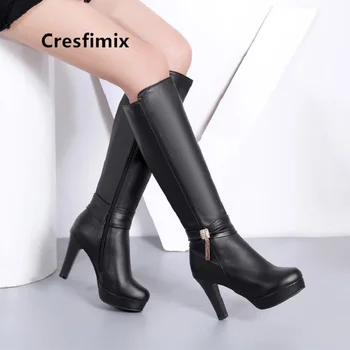 Cresfimix Frauen Stiefel moterų mados aukštos kokybės rudenį ilgai, plius dydis aukšto kulno batai lady mielas žiemą juodi batai a6014