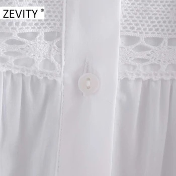 ZEVITY Naujas moterų mados stovėti apykaklės, raukiniai balta popelinowy palaidinė marškinėliai moterims nėriniai nėrimo prašmatnus blusa rudenį chemise viršūnes LS7196